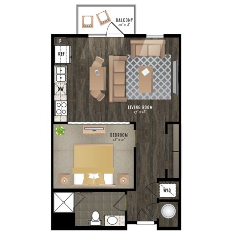 A floor plan of a small apartment with a living room, bedroom, and balcony.